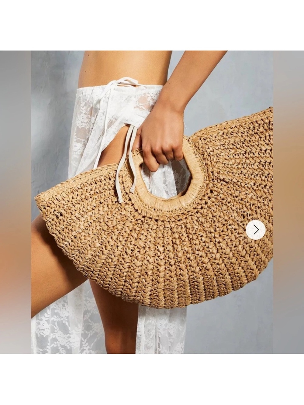 Natural Woven Half-Moon Tote Bag with Round Handles